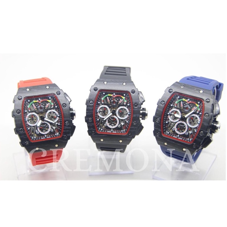 BISA COD! Jam Tangan Cowok Swiss Made Chrono Skeleton Karet Termurah Mewah Berkualitas Elegan BONUS BATERAI CADANGAN!