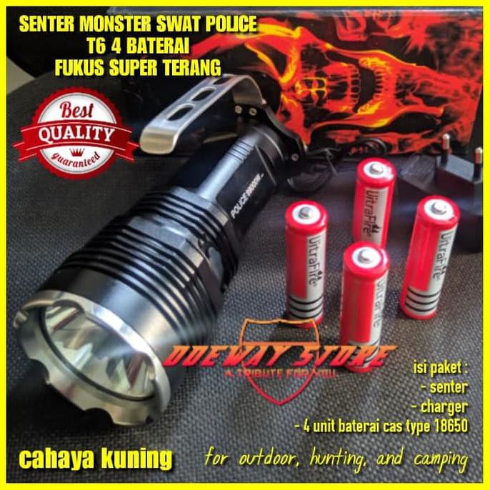 SENTER BERBURU T6 MONSTER SWAT POLICE 4 BATERAI SINAR KUNING OUTDOOR | Senter