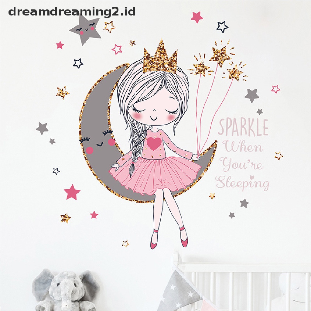 Stiker Dinding Dengan Bahan Mudah Dilepas Gambar Kartun Princess Di Bulan Untuk Dekorasi Kamar Anak