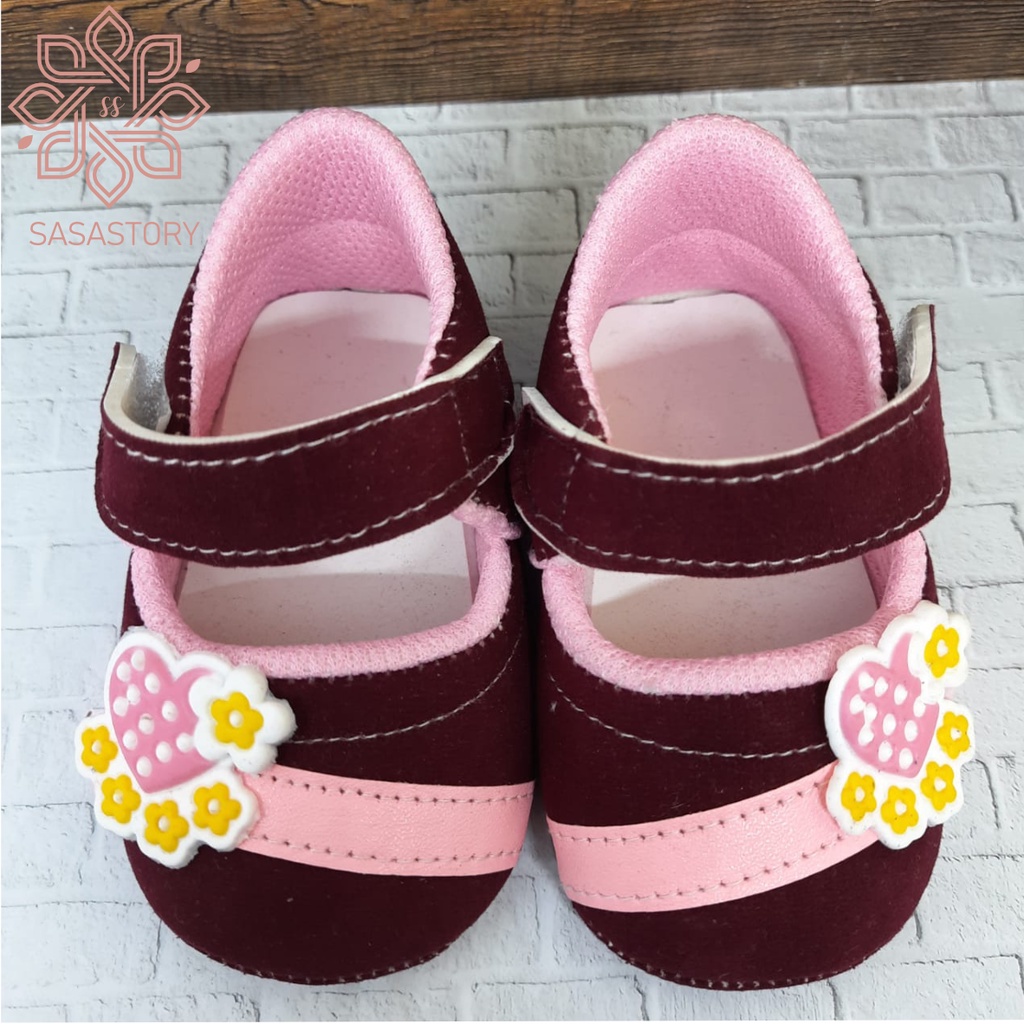 SEPATU PREWALKER BABY BAYI PEREMPUAN 0-12 BULAN BAHAN BLUDRU LOVE BUNGA GP04