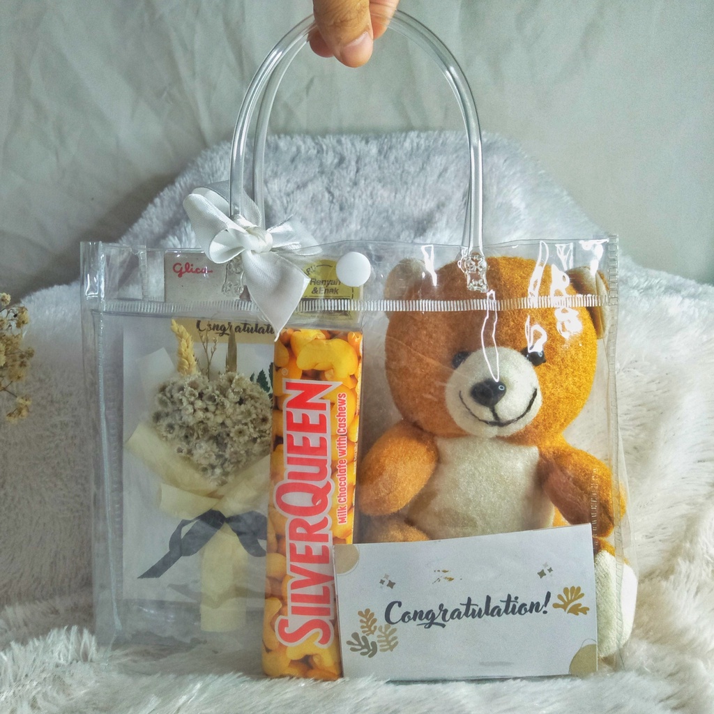 GIFT HAMPERS TRANSPARANT BAG/TAS WITH BONEKA TEDDY BEAR BUNGA EDELWEIS BOX CUSTOM KADO WISUDA GRADUATION ULANG TAHUN BIRTHDAY ANNIVERSARY