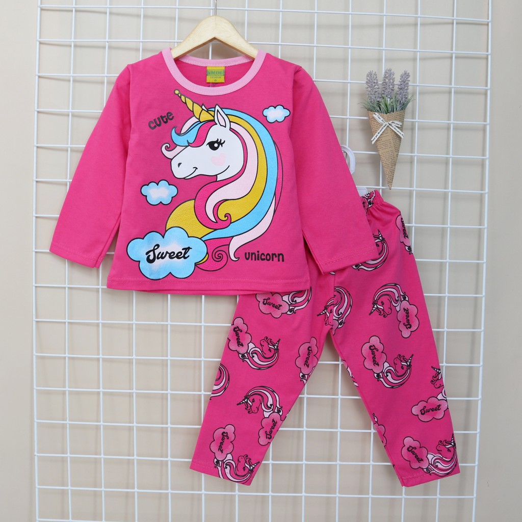 KJ Motif Cute Unicorn / Setelan Baju Celana Piyama Anak / Bayi Perempuan  Usia 2 - 8 tahun