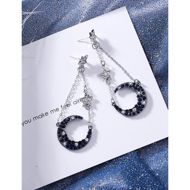 LRC Anting Tusuk Fashion Silver Blue Diamond Inlaid Tassel 925 Silver Needle Lucky Star Moon Stud