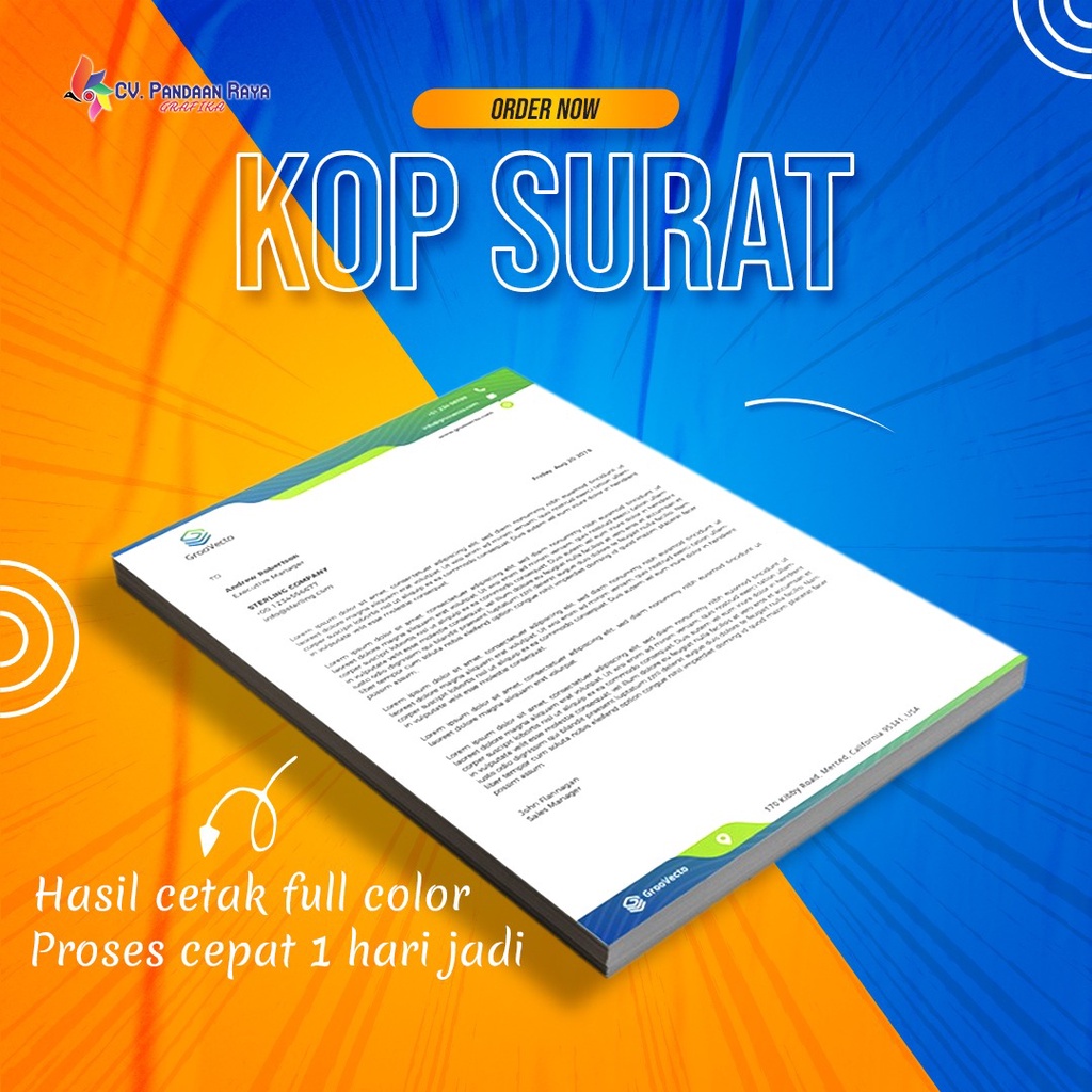 

Cetak Kop Surat Full Color Ukuran A4 / Folio 80 gsm