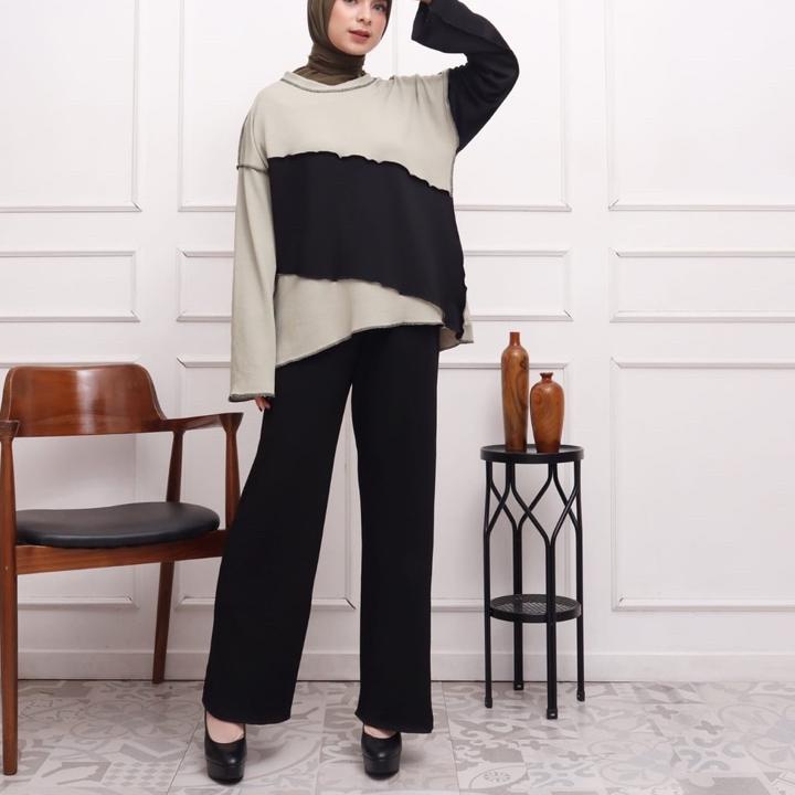 ℮ SETCEL HITAM SET CELANA JUMBO SET BAHAN RAJUT RIB VICTORIA POLOS KOMBINASI JAHIT TERBALIK MELAR BU