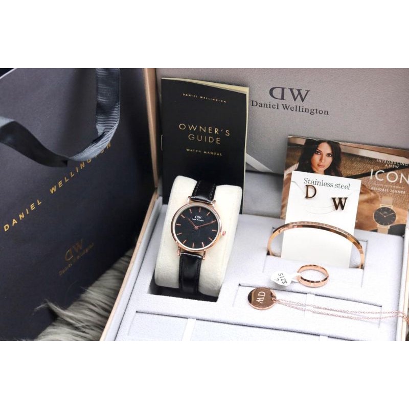 JAM TANGAN WANITA WD PREMIUM KULIT PAKET ANTING + GELANG + CINCIN + KALUNG +BOX+BUKU+PAPERBAG