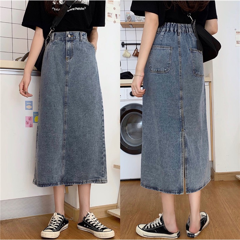 Rok midi A-line denim high waist all-match skirt Korea style baru wanita