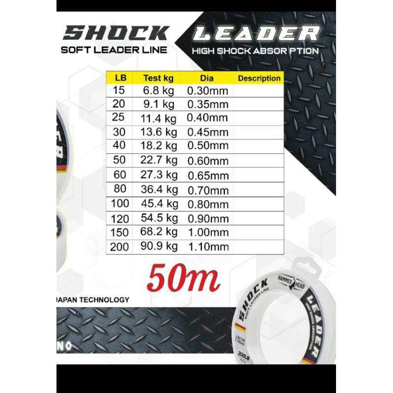LEADER PANCING HAMMERHEAD TULISAN SHOCK LEADER 50 METER
