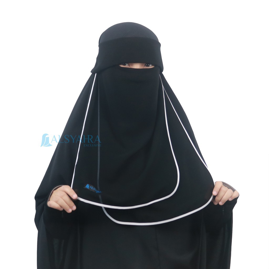niqob/cadar/handscok/himar/jilbab/abaya/ Niqab Poni Hijrah Bisban Putih Sifon Jetblack Alsyahra
