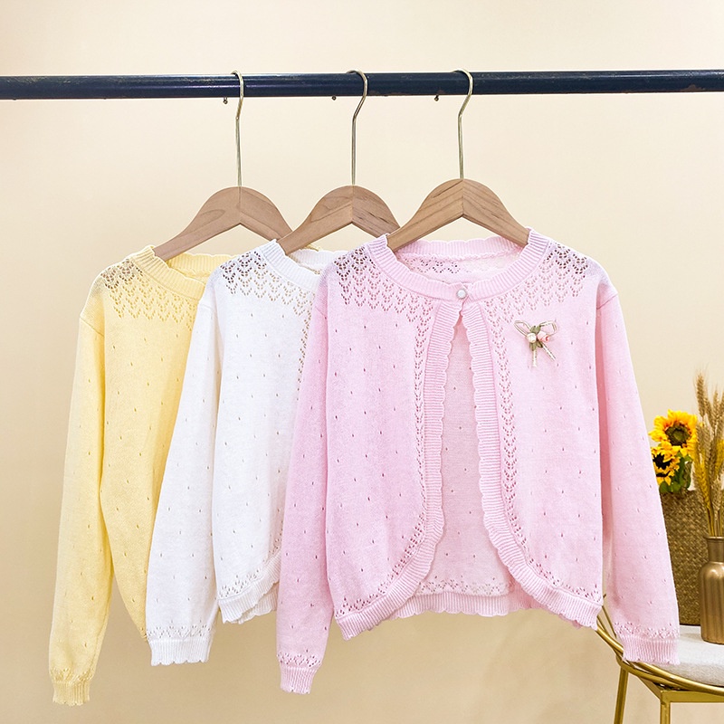 Anak Perempuan Tipis Berongga Rajutan Cargan Murni Kapas Bayi Rompi Kecil Seleng AC Kemeja Bayi Sun 