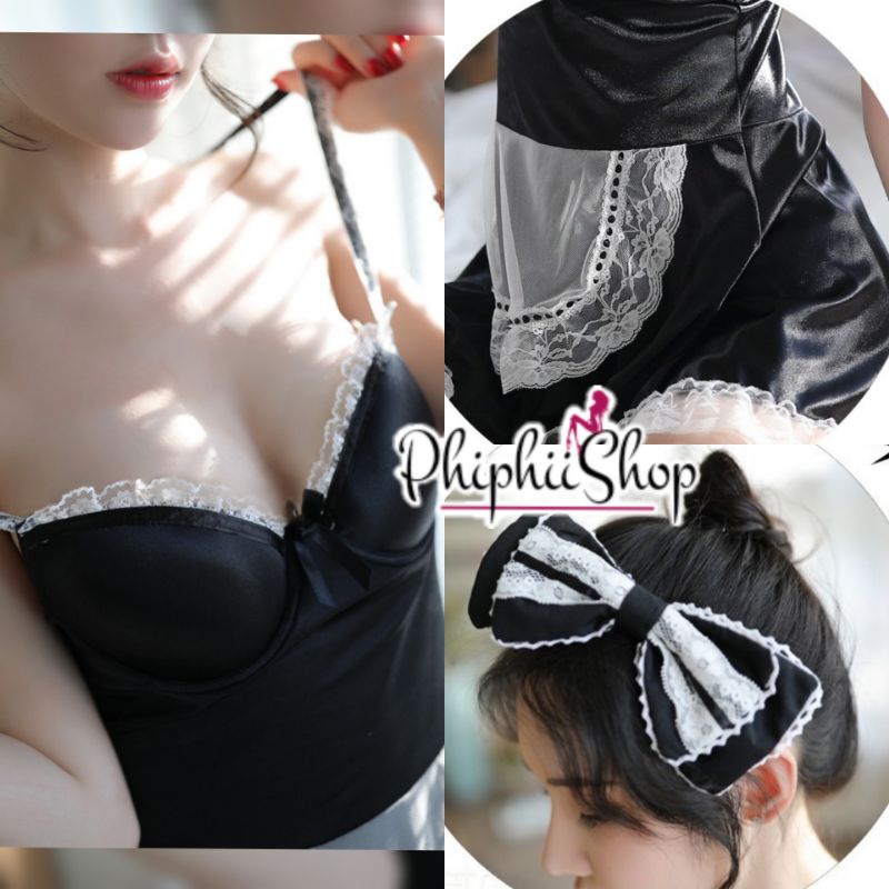 PREMIUM Cosplay Sexy Maid Uniform Lingerie + Bando Pita Baju Kostum Pelayan Waitress