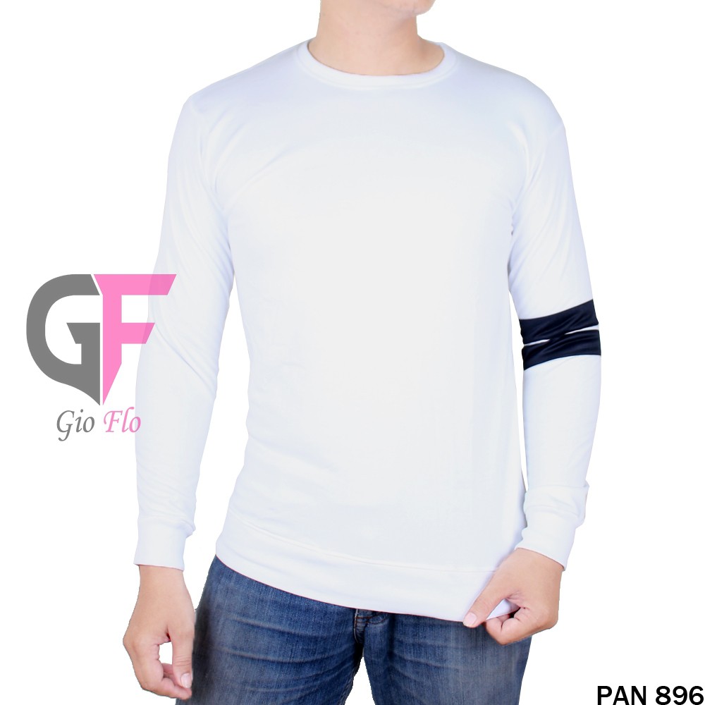 GIOFLO Kaos Polos Lengan Panjang Double Stripe Cowok White / PAN 896