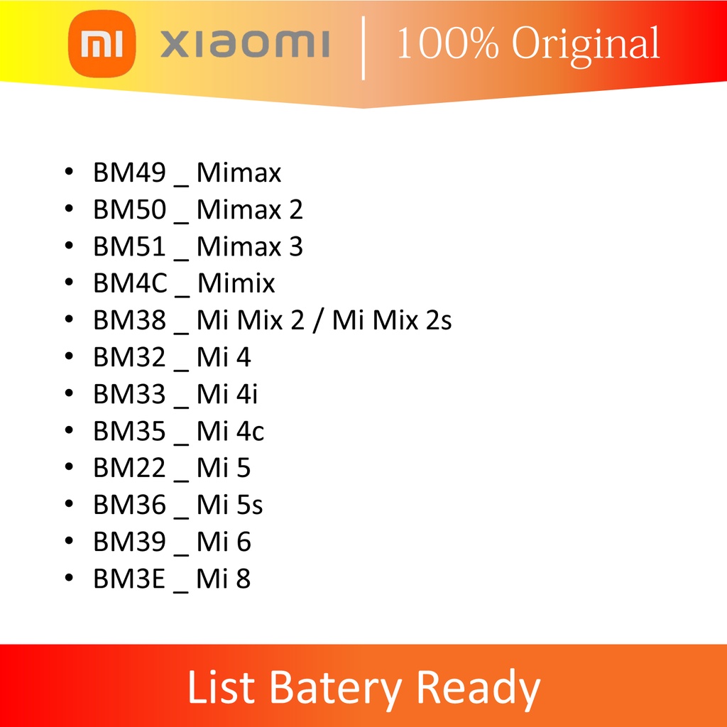 BATERAI BATTERY BATREI XIAOMI MI REDMI NOTE POCO ALL TIPE KUALITAS ORIGINAL GARANSI 6 BULAN BN31 BN45 BN48 BN4A BN46 BM4J BN54 BN53 BN54 BN5A BN5D BN5E BN36 BN56 BM5G BN5H BS03FA BSO6FA BP40 BM44 BM47 BN42 BN30 BN40 BN35 BN34 BN44 BM21BM48 BM3A BM4F BM52