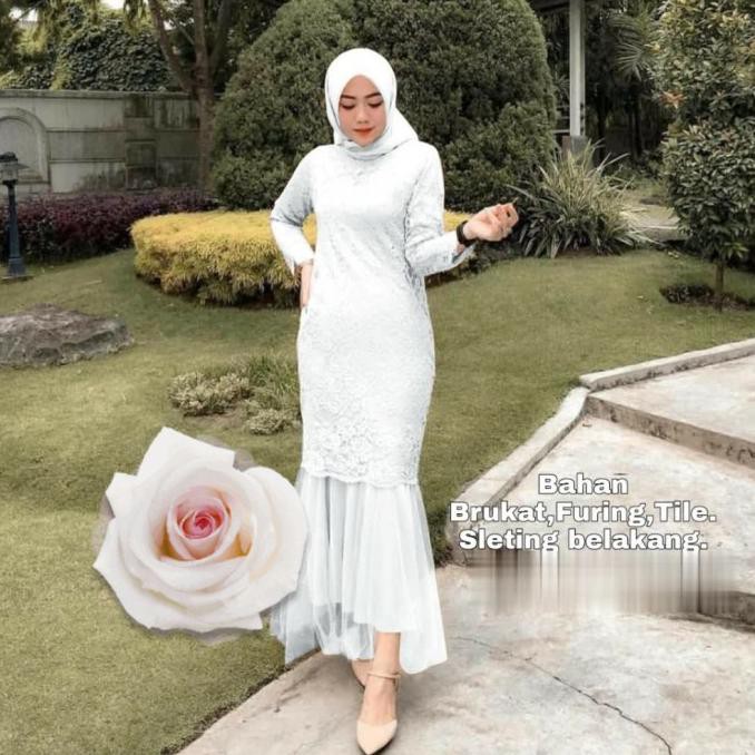 Dress selyana putih Baju pesta brukat gamis duyung murah celm at Kode 654