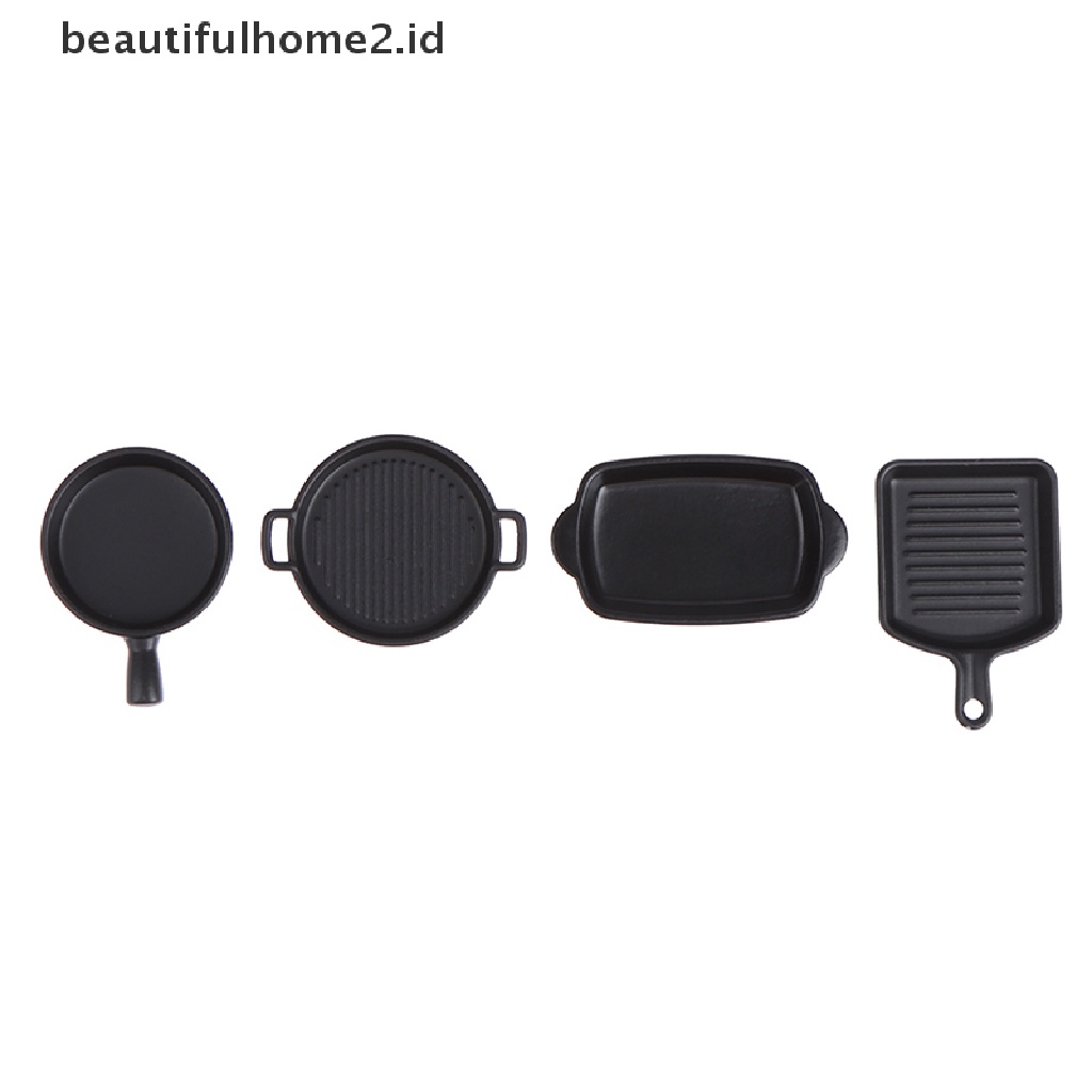 (Beautifulhome2.Id) 1 Set (4Pcs) Miniatur Piring Makan Warna Hitam Skala 1: 12 Untuk Rumah Boneka