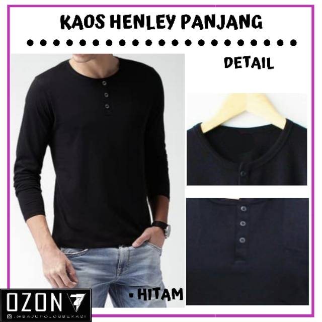 Kaos Henley Kancing Lengan Panjang Best Seller Hitam Polos Polosan Distro