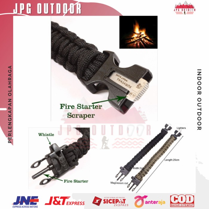 Gelang Paracord Survival Outdoor Bracelet with Magnesium Fline Fire Starter Pemantik Api Survival