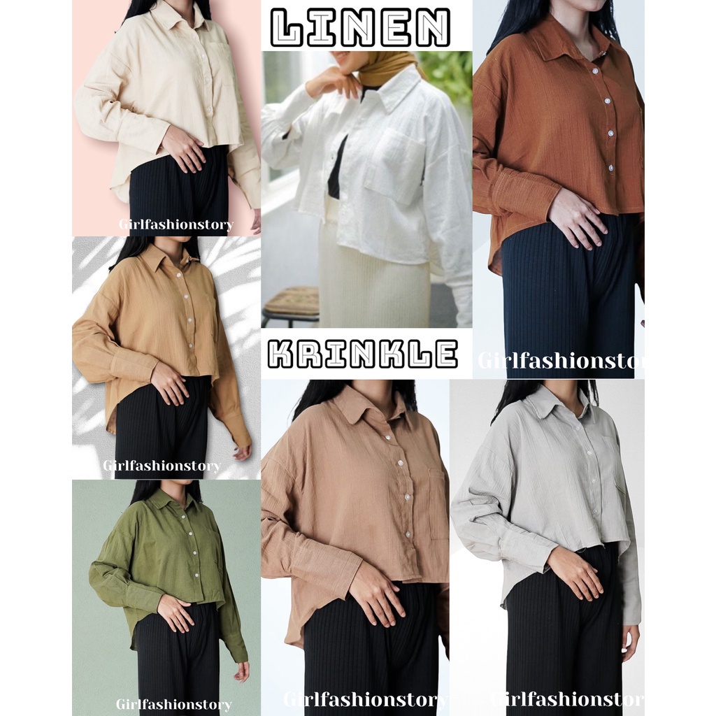 BEFAST - ZFS OOTD Wanita Kemeja Crop RINE / DAVY CRINKLE LINEN SHIRT / Kemeja Crop Wanita Remaja / Fashion Wanita Ala Korean Style / Kem Lengan Panjang / Kemeja Polos Formal / Terlaris