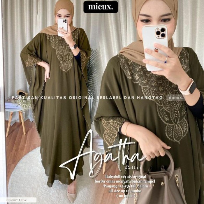 PROMO KAFTAN TERBARUUU Kaftan Wanita terbaru kekinian 2022 bordir emas "Agata - Olive OVERSIZE TERBA