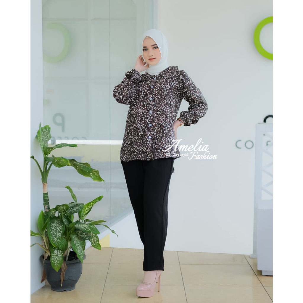 KEMEJA SET CELANA KERJA WANITA samira sakila arofa rania setelan one set tali pisah baju kerja wanita muslim muslimah ootd fashion hits modis motif bunga motif salur kotak kemeja blouse atasan