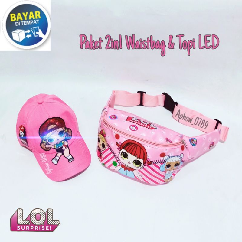 Paket 2in1 Tas Waistbag anak Perempuan Karakter Free Topi anak Led dan Bucket