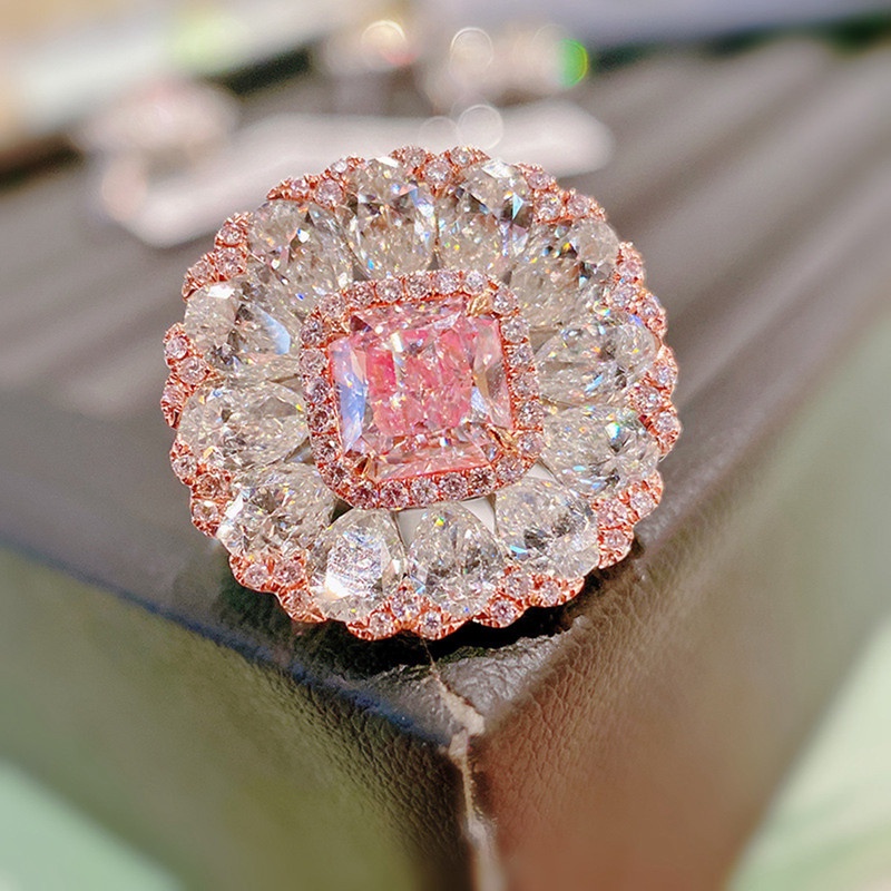 Cincin Pernikahan Desain Bunga Hias Cubic Zirconia AAA Warna Pink Gaya Mewah Berkilau Untuk Wanita