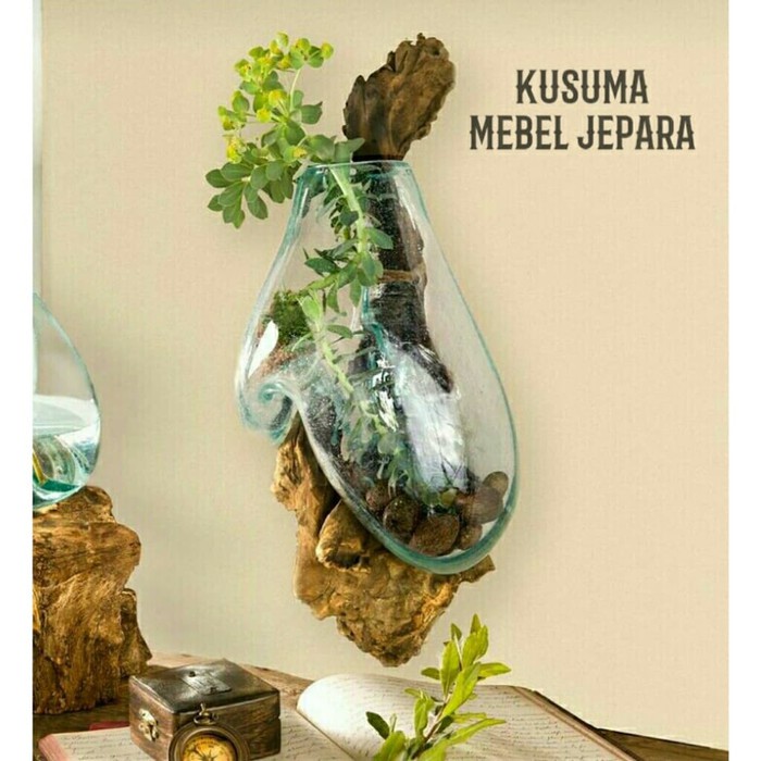 Vas Pot Kaca Gantung Akar Kayu Jati Natural (Tinggi 40cm)