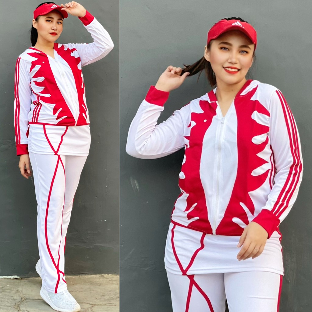 Setelan Baju Senam Lapangan Cakar Putih Merah Hijab Cycling Fitness Olahraga Muslim