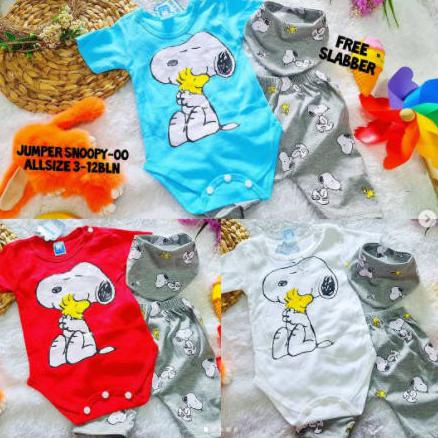 Baju Bayi Laki Laki Setelan Jumper Bayi Set Free Slabber Snoopy - Biru Muda