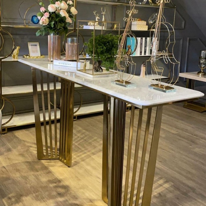 WHITE GOLD MARBLE CONSOLE TABLE - meja konsol