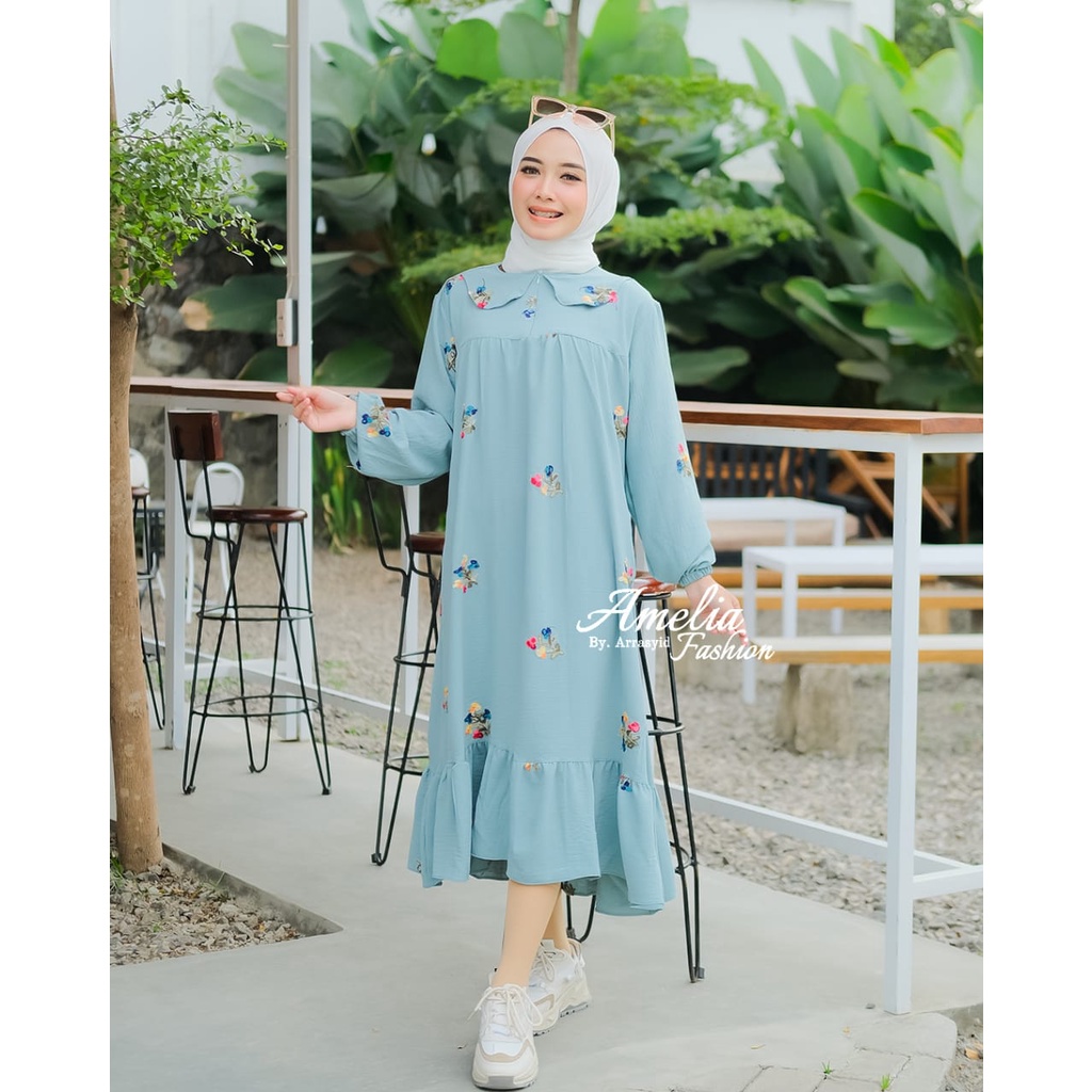 midi dress cringkel SHAKIFA ori amelia dan Nirmala Aluna ori zahin new kringkel rubi style serut susun