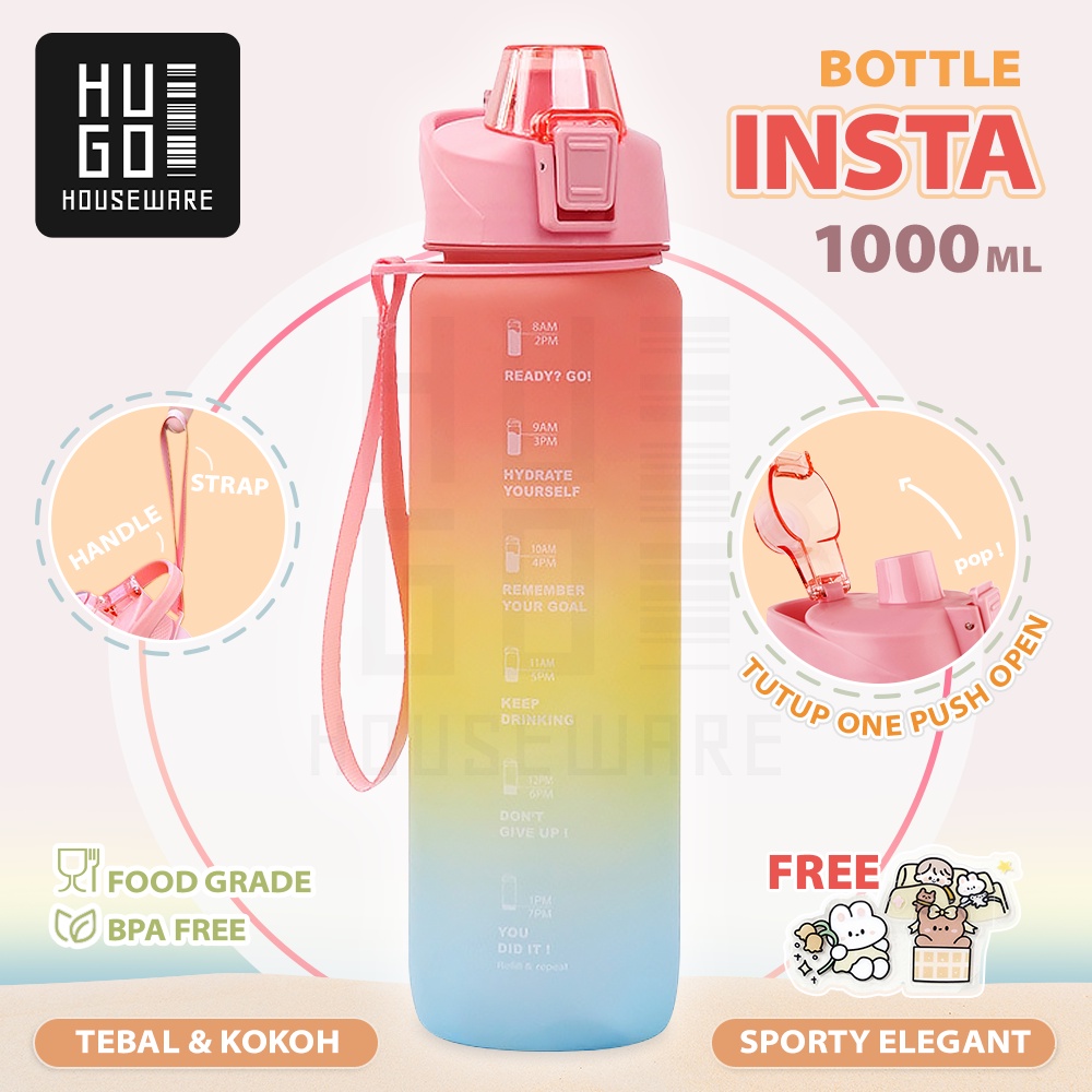 HUGO Botol Minum Motivasi Tutup Flip 1 Liter Rainbow Gratis Stiker