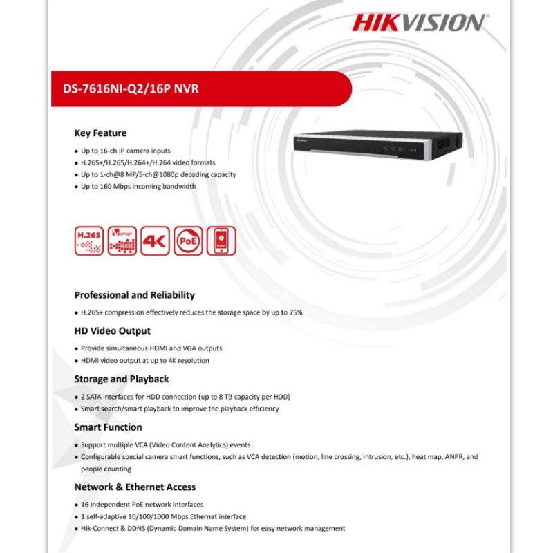 DS-7616NI-Q2/16P NVR HIKVISION 16CH POE 2 SATA