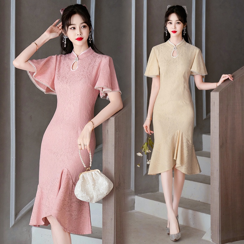 Chinese Traditional Clothing Women Short Sleeve Lace Red Pink Apricot Elegant Wedding Cheongsam Dress Fishtail Hip Midi Dresses Casual Party Summer Qipao Toasting Clothes