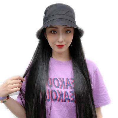 Wig Topi Bucket Long Straight Hair Korean Version Wig Topi Rambut Palsu Wanita / Wig Topi Bucket Hat / Wig Topi Bundar