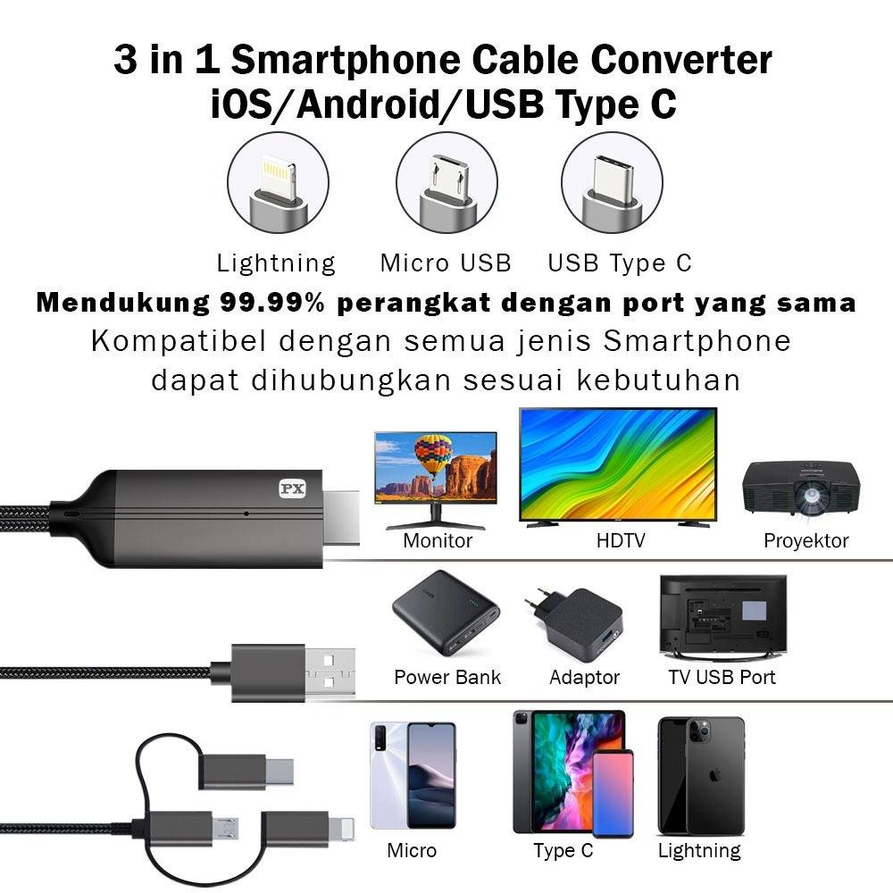 PX Kabel HDMI ke Type C USB/Micro/Lightning Converter 3 in 1 2 Meter