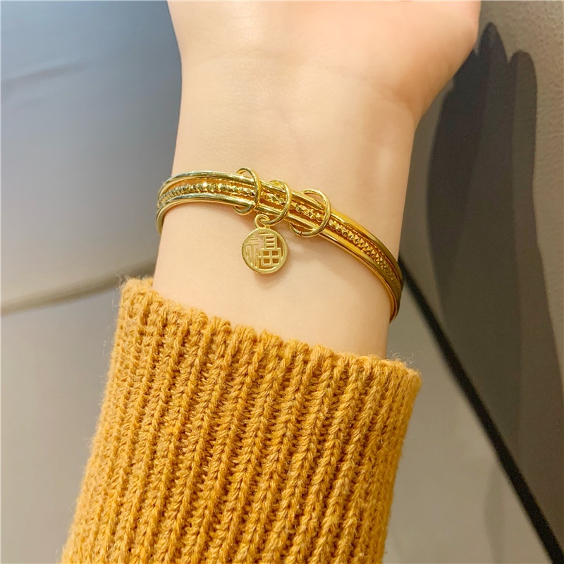 Bisa Cod Enxi Jewelry Gelang Sansheng III Emas &quot;福&quot; Gelang Emas Asli Kadar 375 Gelang Wanita Hadiah Liburan Terbaik Bisa Cod 114G2#
