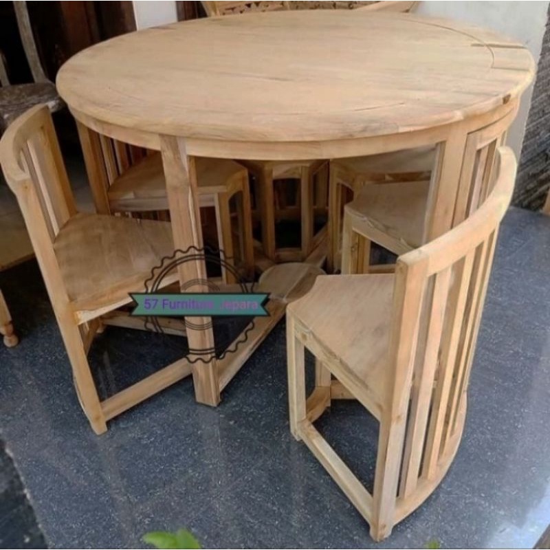 Set Meja Makan Modern Kayu Jati - Meja Bundar Kursi Minimalis - Mentahan