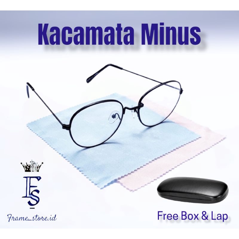 Kacamata Minus Lensa Anti Radiasi Frame Oval Besi Free Box dan Lap