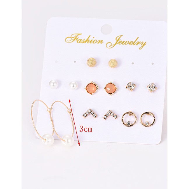 LRC Anting Set Fashion Gold Color Round Shape Decorated f13212x (7pairs)