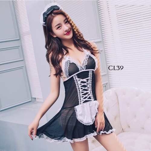 [TRUSTED SELLER] LINGERIE SEXY BAJU TIDUR TRANSPARAN KOSTUM PELAYAN SEKSI HITAM CL39