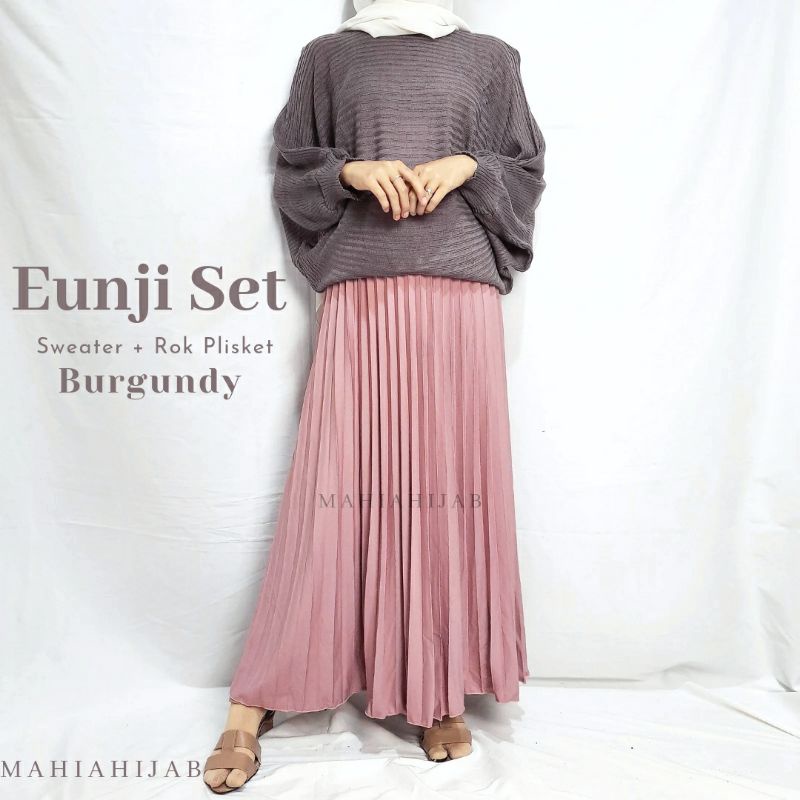 Eunji set sweater batwing + rok plisket / Outfit rajut / Setelan wanita murah / Baju rajut batwing premium