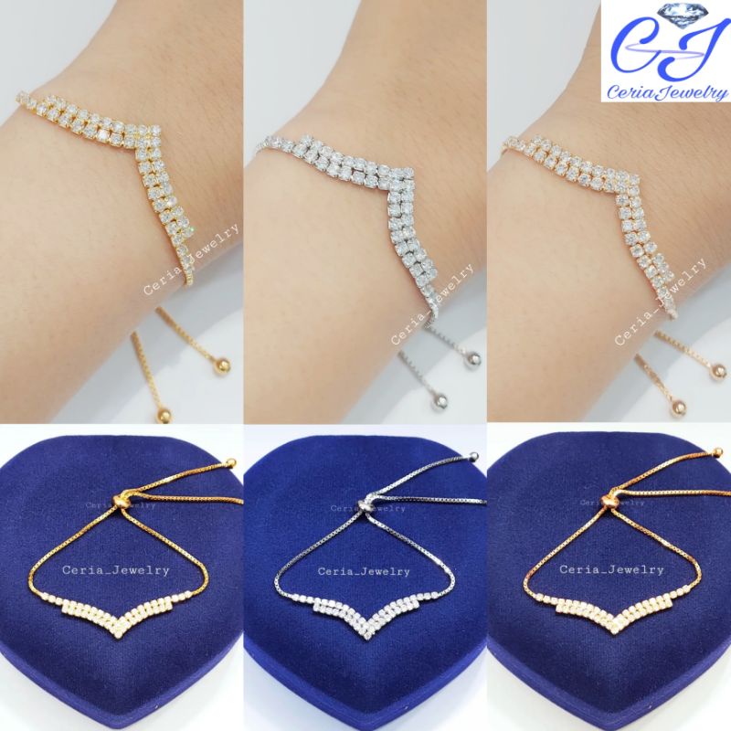 Gelang Perak Asli Silver Wanita 925 Lapis Emas Putih Model Gelang Fuji/Gelang Aurel/Gelang Fuji 2 Layer Permata - Perhiasan Perak Wanita