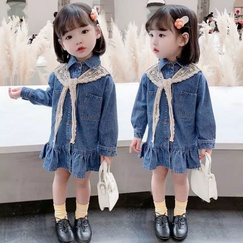 DRESS MINI ANAK JEANS LENGAN PANJANG INC SYAL KOREAN STYLE