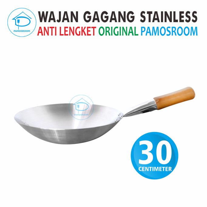 Pamosroom Wajan Gagang Kayu Stainless Tahan Panas Penggorengan 30cm
