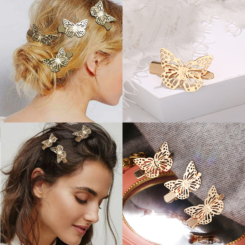 1pc Jepit Rambut Desain Kupu-Kupu Hollow Bahan Alloy Metal Warna Emas Gaya Korea Untuk Pengantin