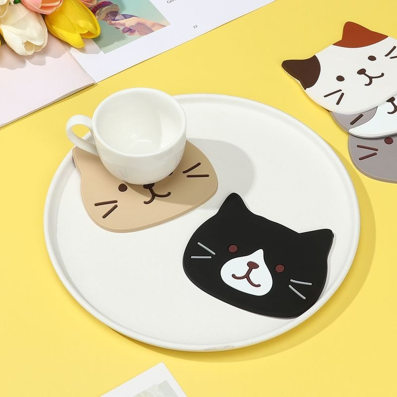 Tatakan Cangkir Teh / Kopi Bahan Silikon Non slip Tahan Panas Motif Kartun Kucing Untuk Aksesoris Dapur