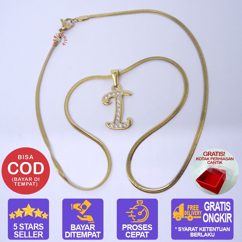 Lovelybutik Honey Kalung Huruf Titanium Anti Karat Inisial I Uk 45 cm BONUS KOTAK PERHIASAN