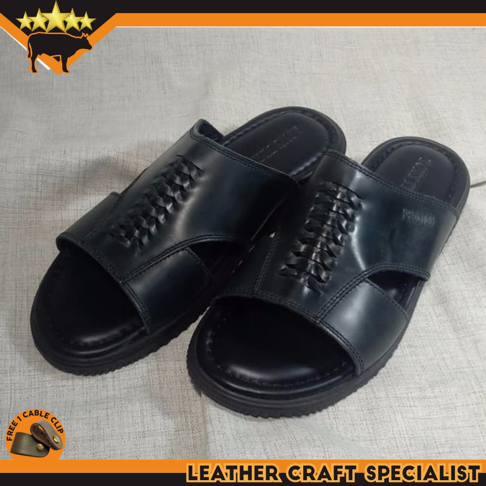 SANDAL BRANDED PRIA FULL KULIT SAPI ASLI WARNA HITAM KUALITAS EXPORT PROMO FREE CABLE CLIP