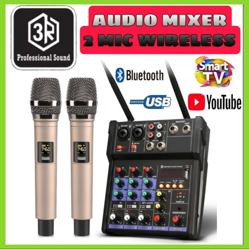 Audio Mixer Professional Sound 3R Mixer 4 Channel Bluetooth 2 Mic Wireless